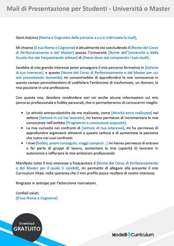esempio di mail di presentazione per studenti universitari