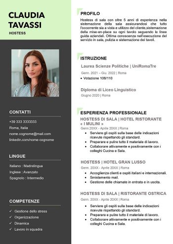 Esempio di curriculum per hostess in Word con foto