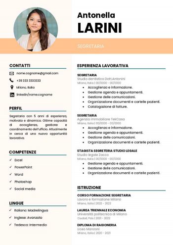 Esempio di curriculum per segretaria in Word con foto