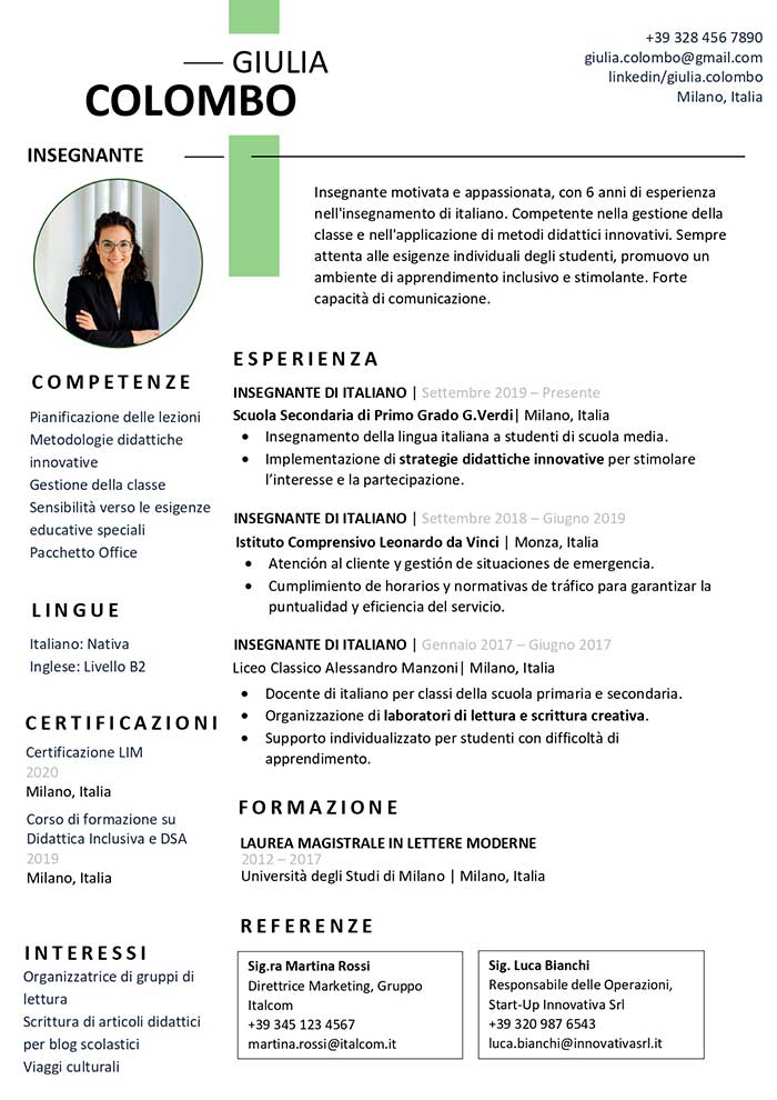 curriculum vitae insegnante esempio