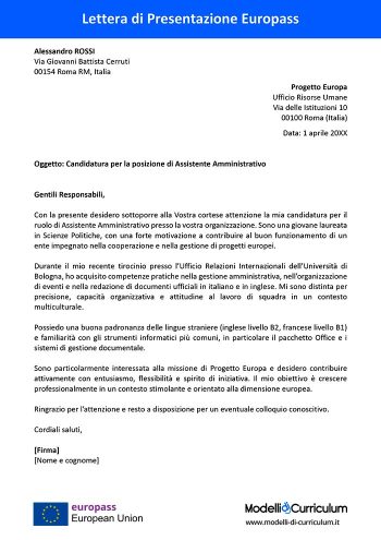 lettera di presentazione europass esempio