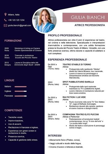 Esempio di curriculum per attore in Word con foto