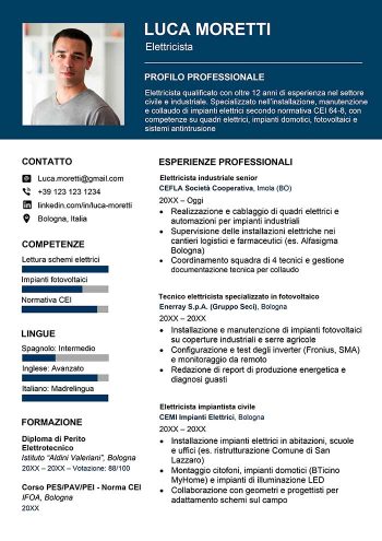 Esempio di curriculum per elettricista in Word con foto
