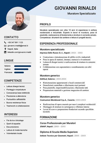 Esempio di curriculum per muratore in Word con foto
