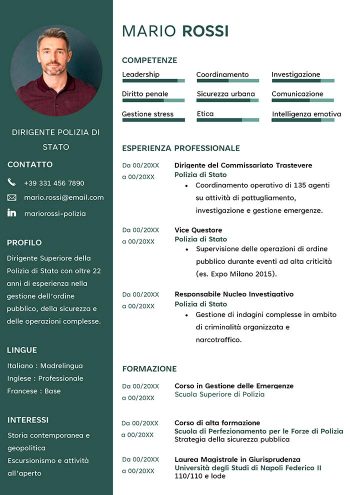 Esempio di curriculum per dirigente di polizia in Word con foto