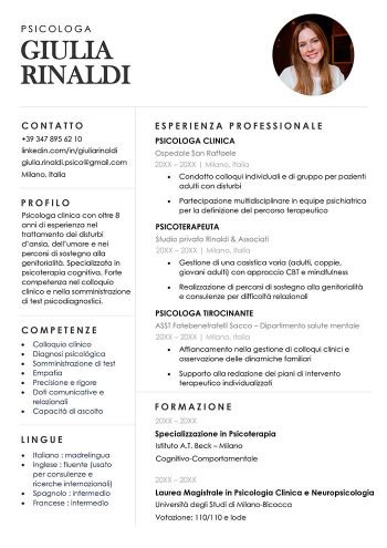 Esempio di curriculum per psicologo in Word con foto e due colonne