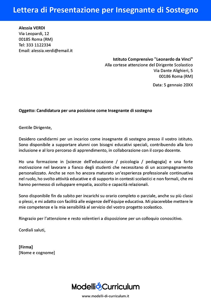 lettera di presentazione insegnante sostegno esempio