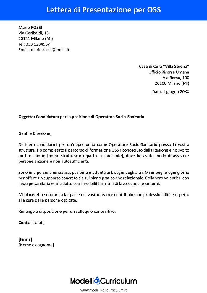 lettera di presentazione oss operatore socio sanitario esempio