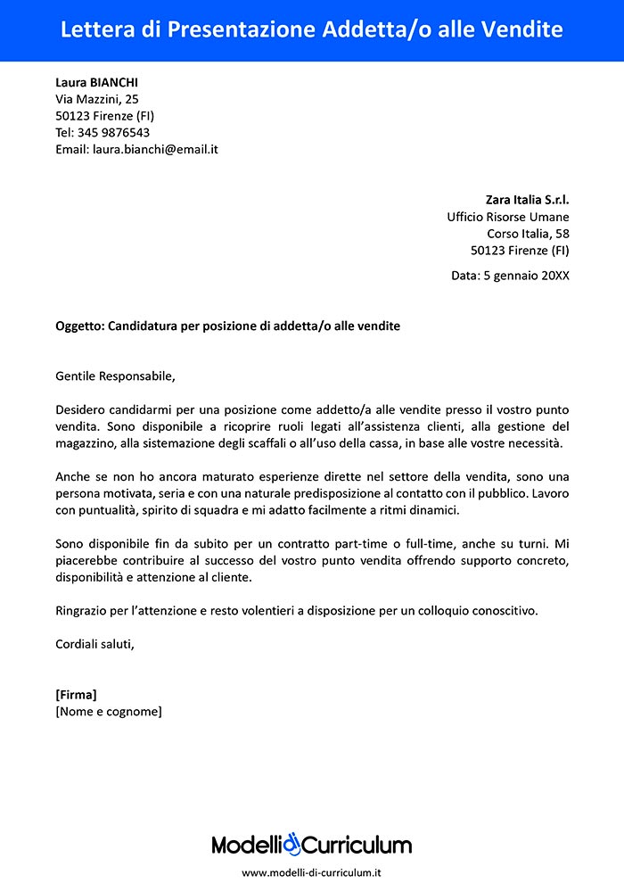 lettera di presentazione addetta vendite