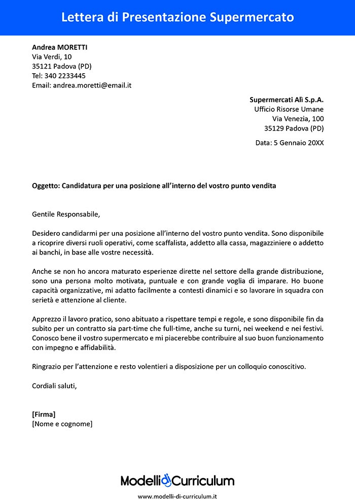 lettera di presentazione supermercato esempio