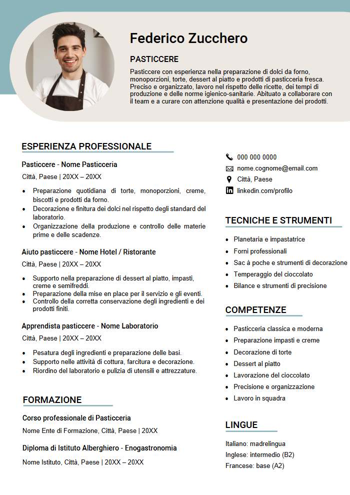 modello curriculum vitae pasticcere