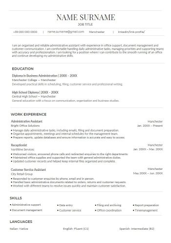 Template CV ATS in inglese in Word senza foto e layout lineare
