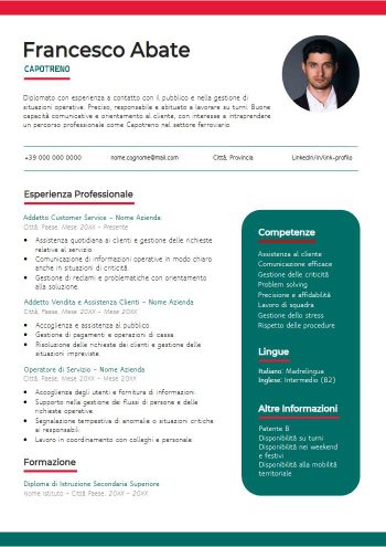 Esempio di curriculum per Ferrovie dello Stato e Trenitalia in Word con foto