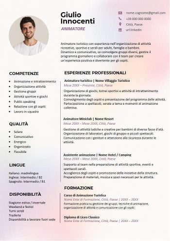 Esempio di curriculum per animatore in Word con foto