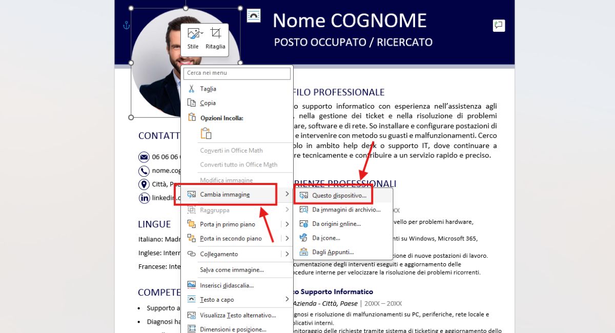 come sostituire immagine cv su word