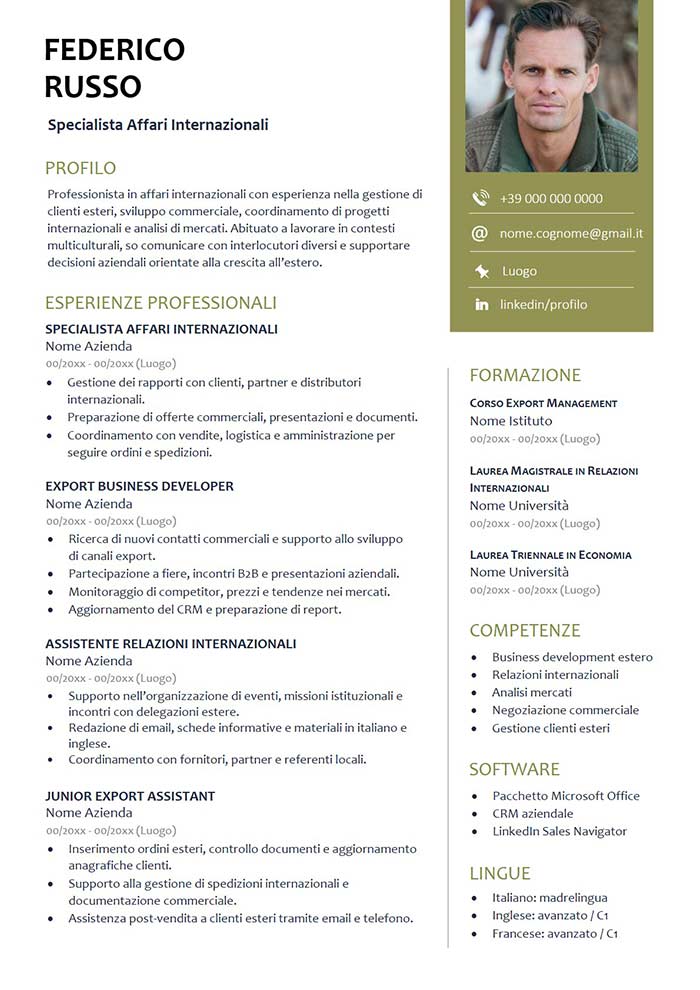 modello di curriculum vitae affari internazionali