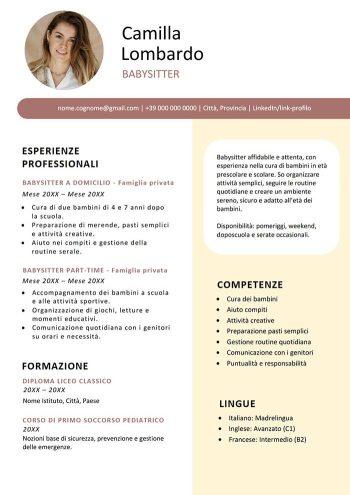 Esempio di curriculum per baby sitter in Word con foto