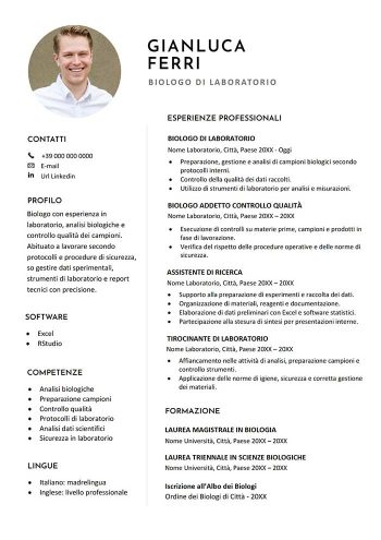 Esempio di curriculum per biologo in Word con foto e struttura lineare