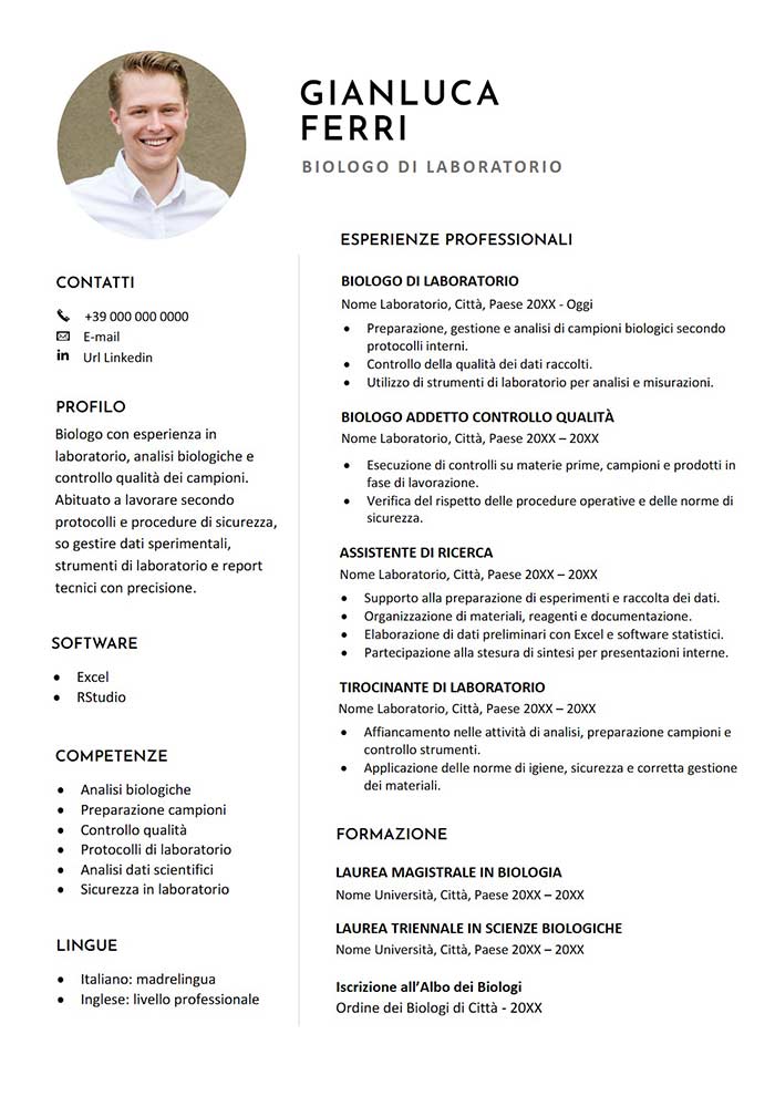 modello di curriculum vitae biologo da scaricare gratis