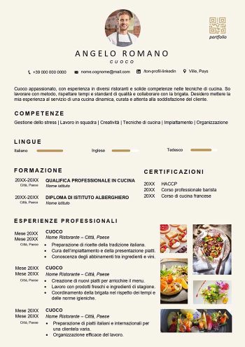 Modello CV creativo per cuoco in Word con foto e immagini dei piatti