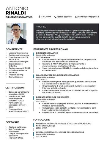 Esempio di curriculum per dirigente scolastico in Word con foto