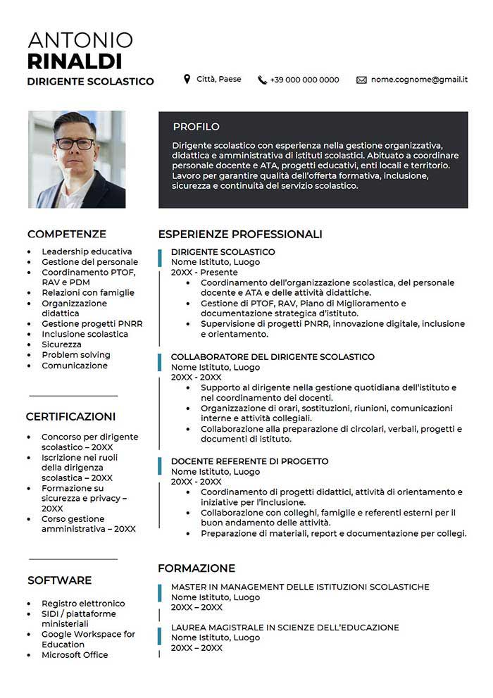 esempio di curriculum vitae dirigente scolastico gratis