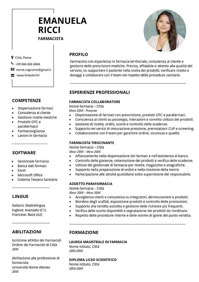 modello di curriculum vitae farmacista gratis in word