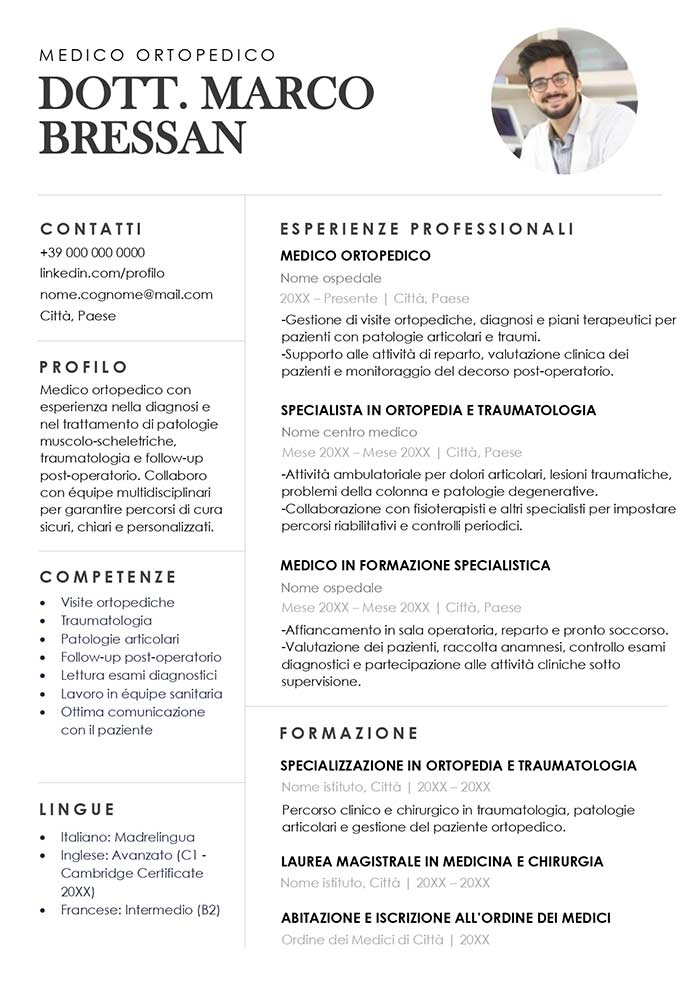 modello di curriculum vitae ortopedico