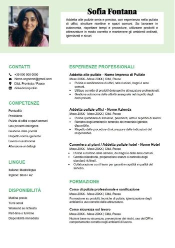 Esempio di curriculum per addetta alle pulizie in Word con foto