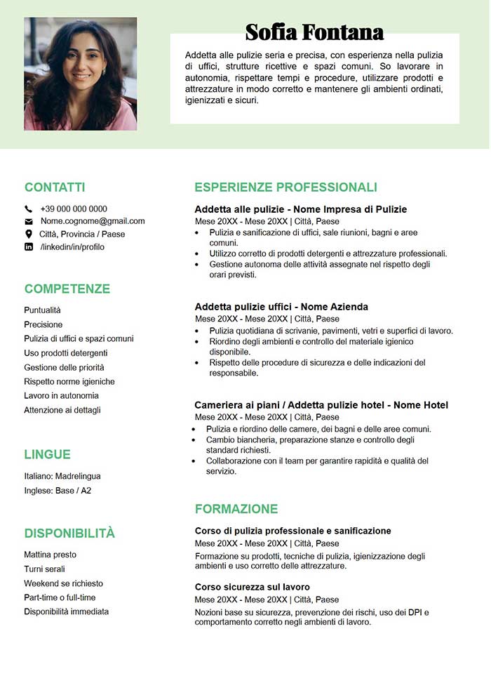 modello di curriculum vitae pulizie da scaricare gratis