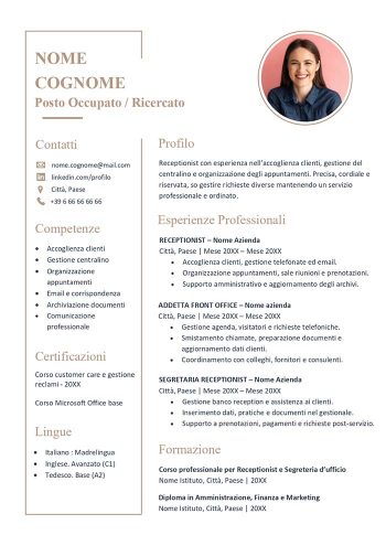 Esempio di curriculum per receptionist in Word con foto