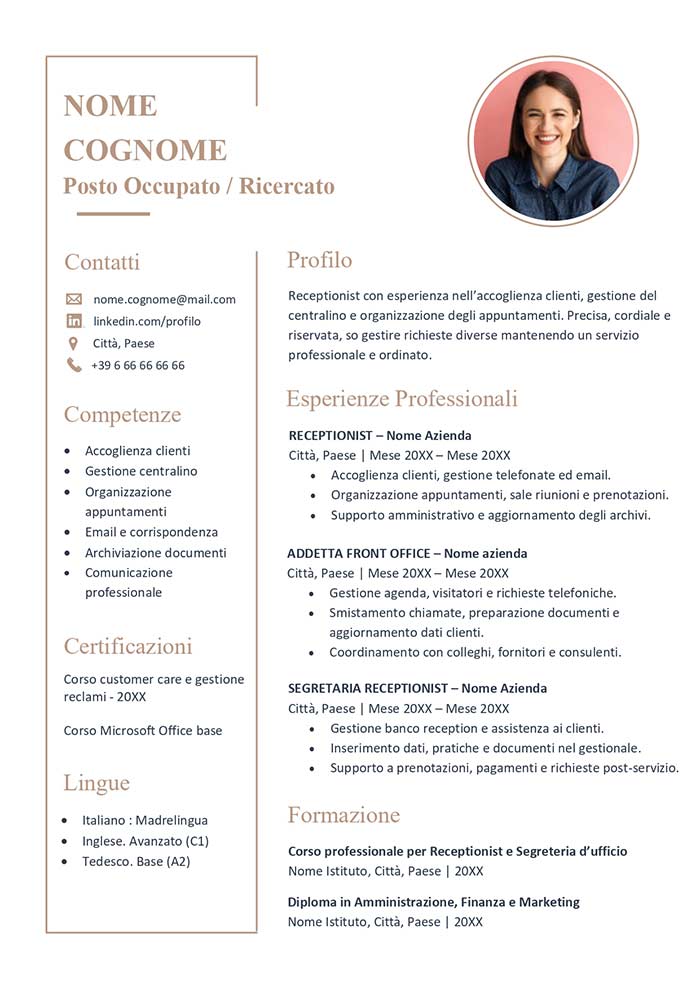modello di curriculum vitae receptionist gratis