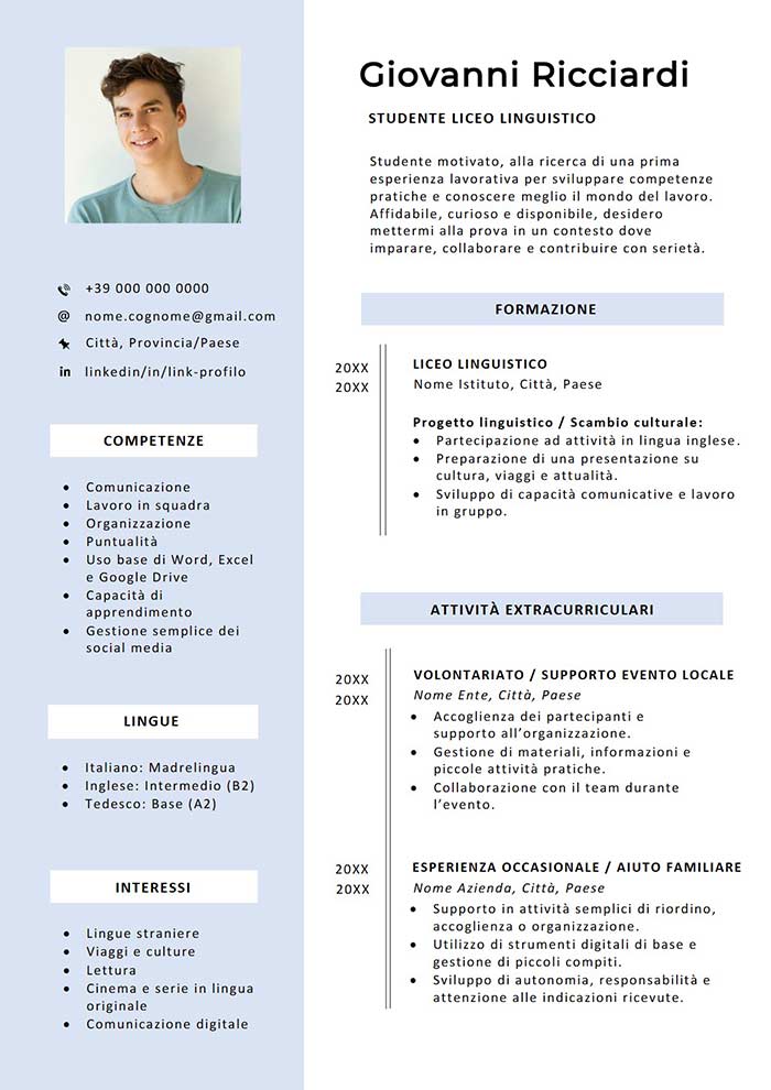 modello di curriculum vitae studente senza esperienza da scaricare gratis