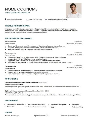 Modello CV classico verticale in Word con due colonne e dettagli azzurri