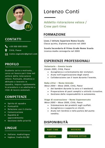 Esempio di curriculum per lavorare da McDonald’s in Word