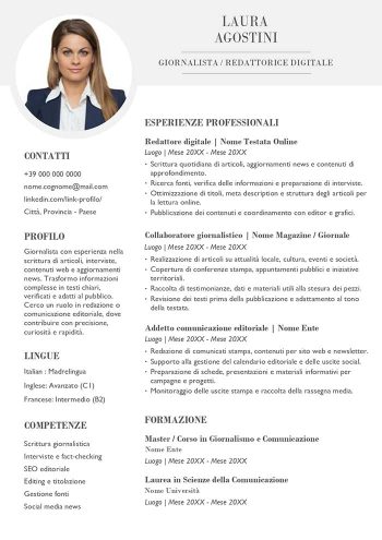 Esempio di curriculum per giornalista in Word con foto