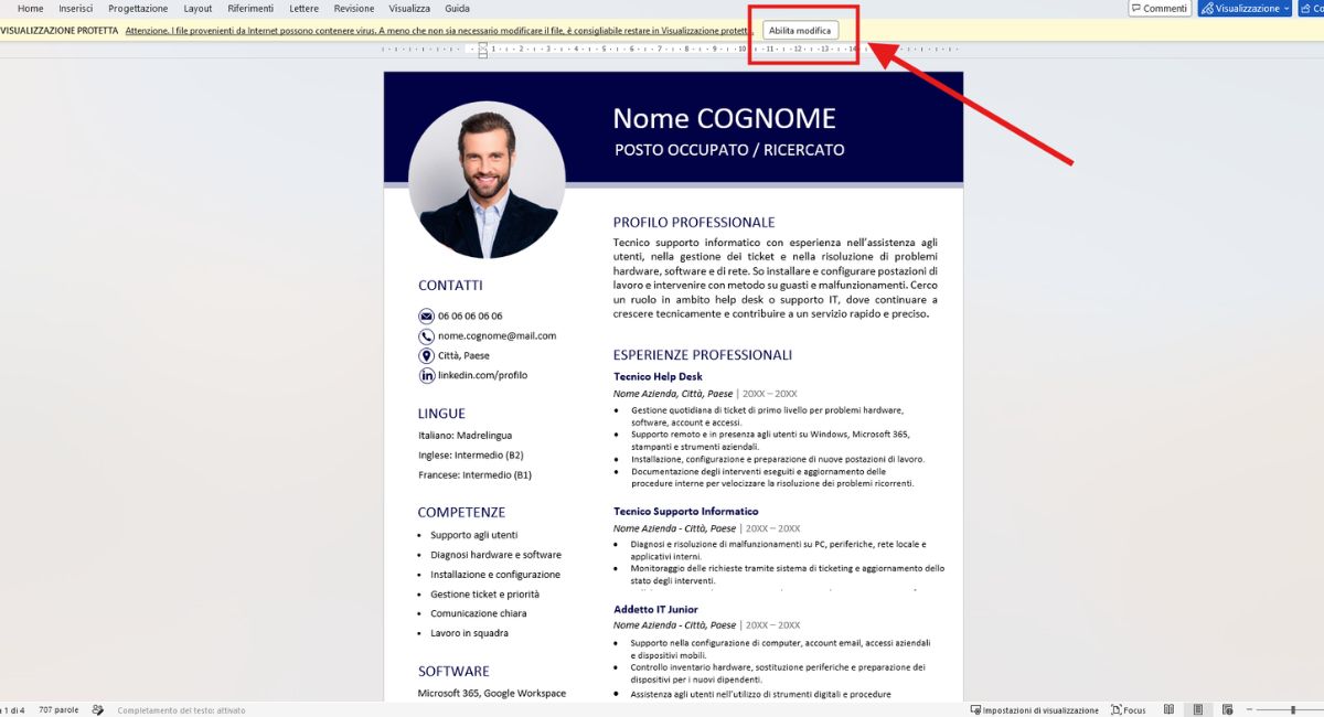 passi per fare cv su word